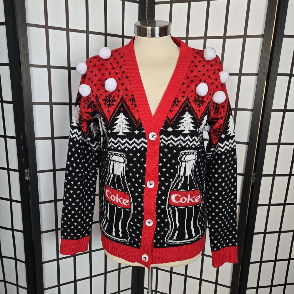 Coca Cola Its The Real Thing Red, Black & White Bottle Knit Polar Bear Cardigan